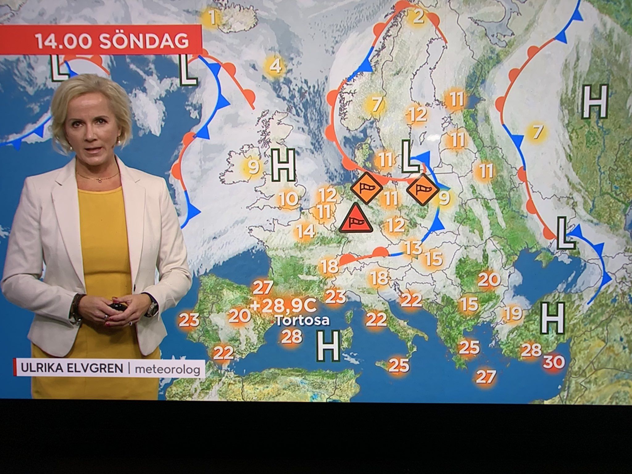 Mapa del temps de la televisió sueca on hi apareix Tortosa