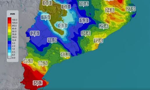 El mapa de predicció, amb pluja intensa a les Terres de l'Ebre.